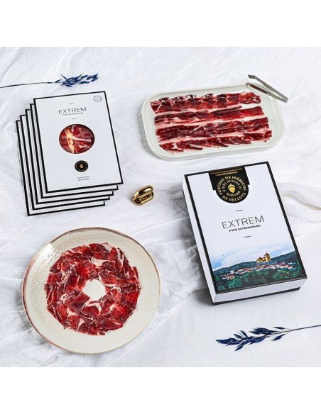 Cofre ilustrado con 10 Sobres de Jamón de bellota 100% ibérico D.O de 80gr