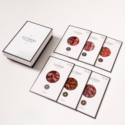 Cofre ilustrado con 10 Sobres de Jamón de bellota 100% ibérico D.O de 80gr