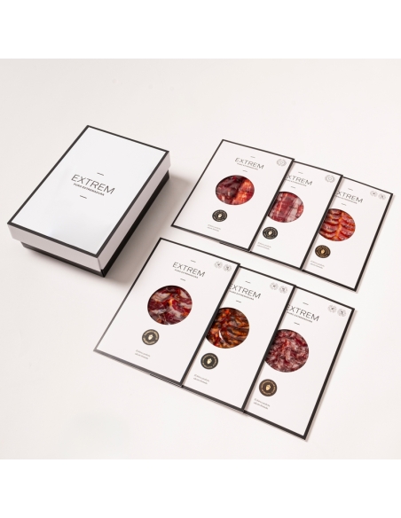 Cofre ilustrado con 10 Sobres de Jamón de bellota 100% ibérico D.O de 80gr